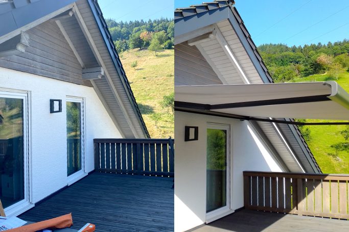 Zwei Ansichten eines modernen Hauses mit Balkon und ausfahrbarem Sonnenschutz.