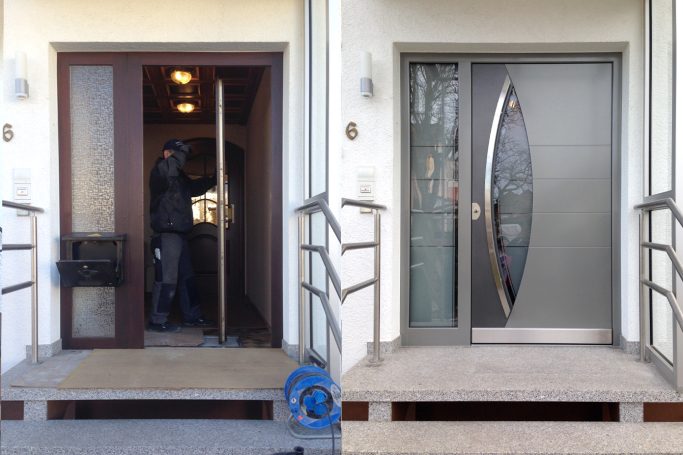 Vergleich von zwei Eingängen: links eine braune Holztür, rechts eine moderne gläserne Tür.
