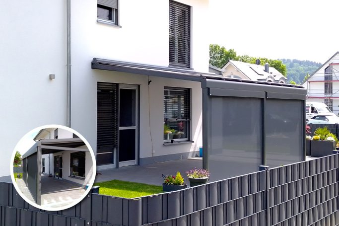 Modernes Haus mit Terrasse, überdacht und umgeben von einem Zaun. Pavillon im Vordergrund.