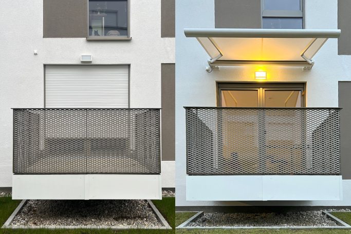 Zwei Balkone an modernen Gebäuden, einer leer, der andere beleuchtet und genutzt.