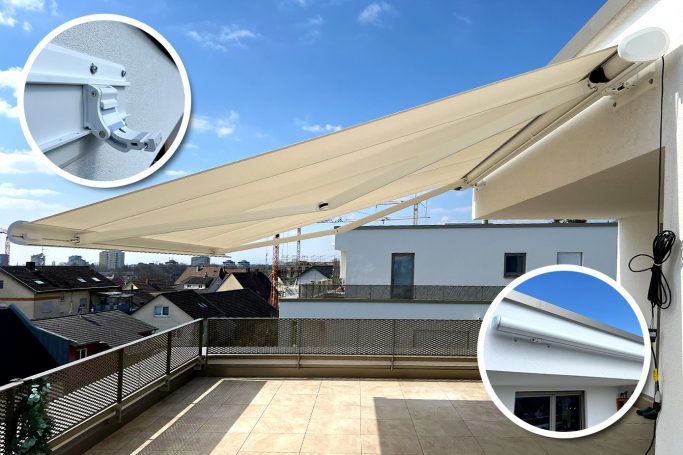 Markise auf einer Terrasse mit klarer Aussicht und zwei Detailansichten.