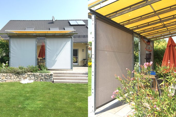 Modernes Haus mit Terrasse, Markisen und einem gepflegten Garten.