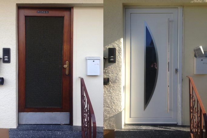 Zwei Haustüren: eine Holztür mit Gitter und eine moderne weiße Tür mit Glas.