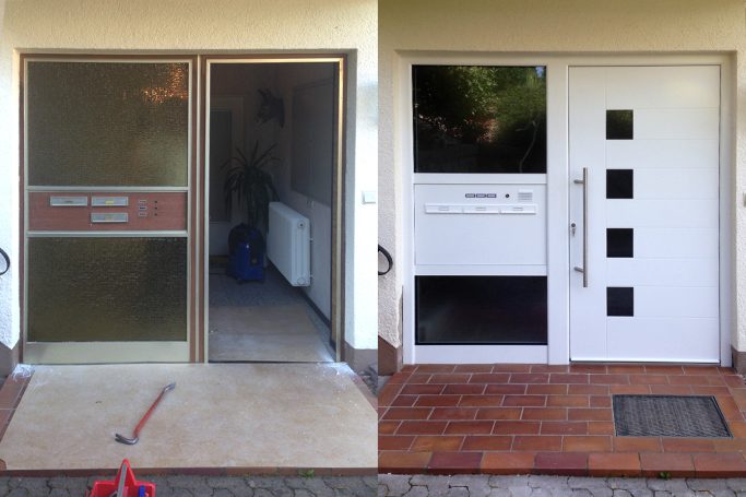 Vorher-Nachher-Vergleich eines Eingangs mit veralteter Glasfront und modernem weißen Eingang.