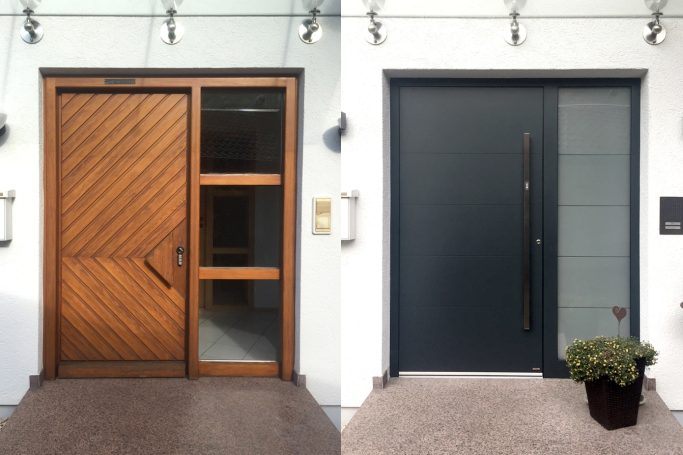 Zwei Haustüren: links eine holzverkleidete, rechts eine moderne, dunkle Türe mit Glaselementen.